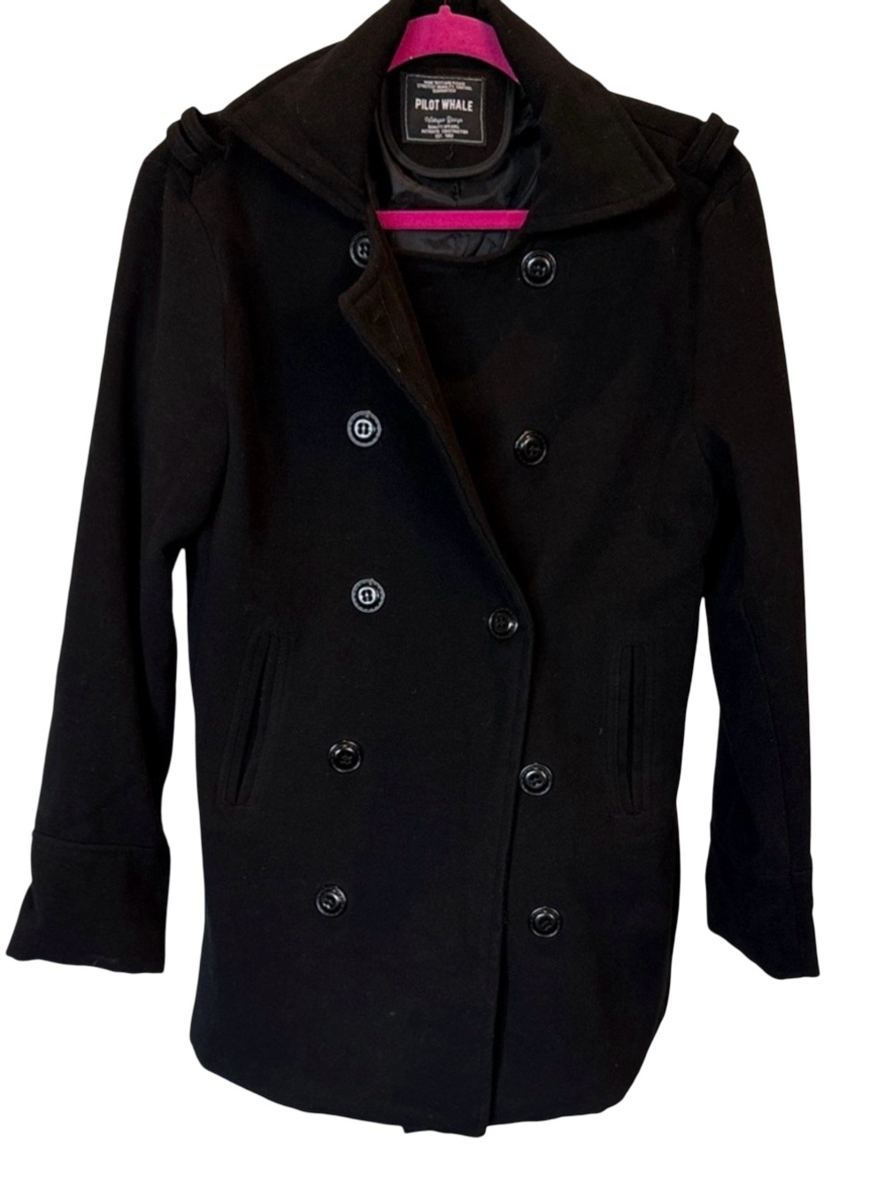 Pilot Whale Womens Black Peacoat Jacket Double Breasted Wool Blend Coat Size S